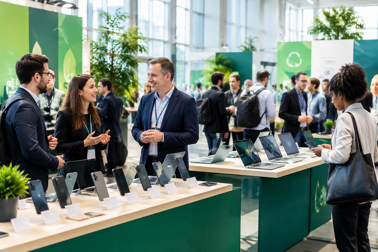 Electronics professionals connecting over refurbished phones and laptops at a trade event